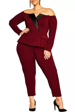 City Chic Alice Off the Shoulder Peplum Jumpsuit in Claret at Nordstrom