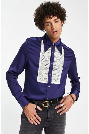 ASOS Lace Bib Satin Button-Up Shirt in Navy at Nordstrom