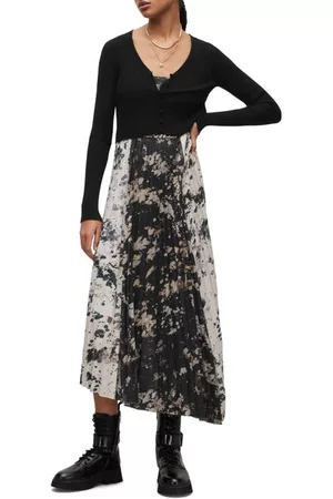 AllSaints Women Long Knitted Dresses - Leowa Gia Long Sleeve Sweater Dress in Black/Stone at Nordstrom
