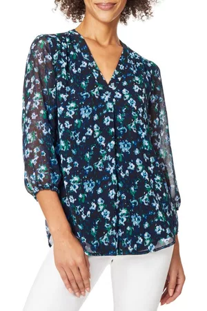Jones New York Women Blouses - Floral V-Neck Tunic Blouse in Collection Navy Multi at Nordstrom