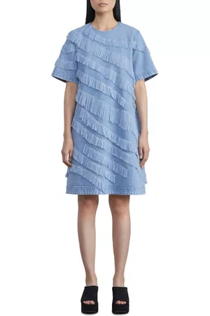 Lafayette 148 New York Women Asymmetrical Dresses - Asymmetric Fringe Trim Denim Shift Dress in Stonewash Blue at Nordstrom