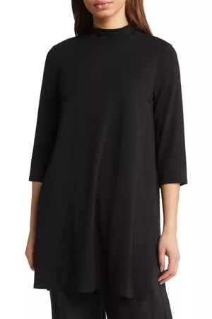 Eileen Fisher Mock Neck Jersey Tunic Top in Black at Nordstrom