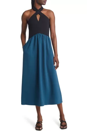Chelsea Halter Neck Dresses - Mixed Media Colorblock Halter Dress in Black- Blue Ceramic at Nordstrom