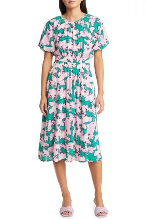 Chelsea Puff Sleeve Organic Cotton Blend Midi Dress in Green- Pink Shadows at Nordstrom