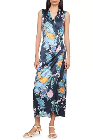 Vince Painted Bouquet Sleeveless Satin Wrap Dress in Coastal at Nordstrom
