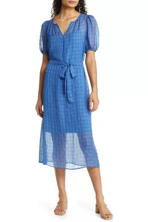 Caslon Caslon(r) Puff Sleeve Tie Waist Midi Dress in Blue Dutch at Nordstrom