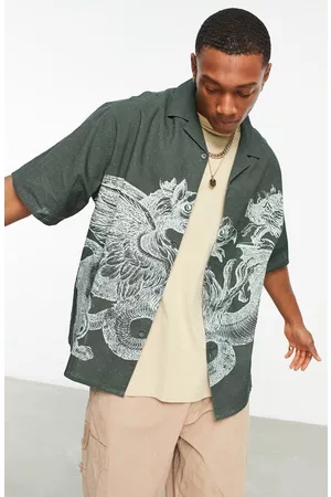 ASOS Print Boxy Oversize Short Sleeve Button-Up Shirt in Dark Green at Nordstrom