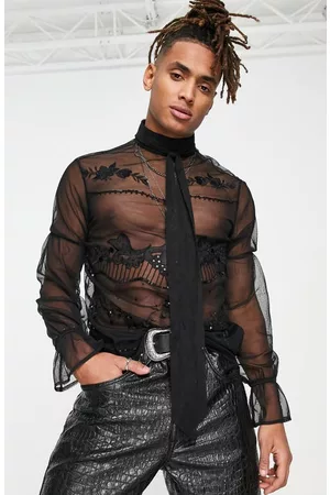 ASOS Sheer shirts - Embroidered Tie Neck Sheer Mesh Shirt in Black at Nordstrom