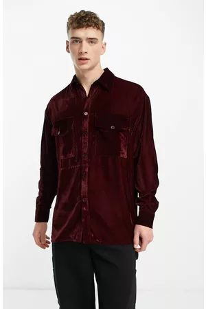 ASOS Men Casual Shirts - Oversize Velvet Button-Up Shirt in Burgundy at Nordstrom