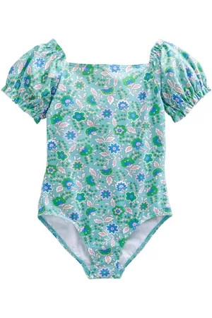 Boden Kids' Paisley Puff Sleeve One-Piece Swimsuit in Aqua Blue at Nordstrom
