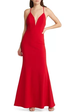 Lulus Amelia Plunge Neck Trumpet Gown in Red at Nordstrom