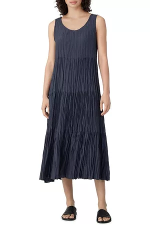 Eileen Fisher Tiered Pleated Silk Midi Dress in Ocean at Nordstrom