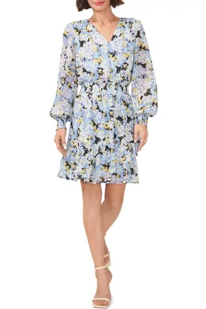 Vince Camuto Floral Print Smocked Waist Long Sleeve Dress in Sea Breeze at Nordstrom