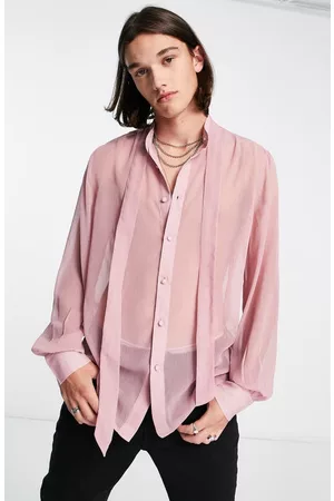 ASOS Tie Neck Sheer Button-Up Shirt in Light Pink at Nordstrom