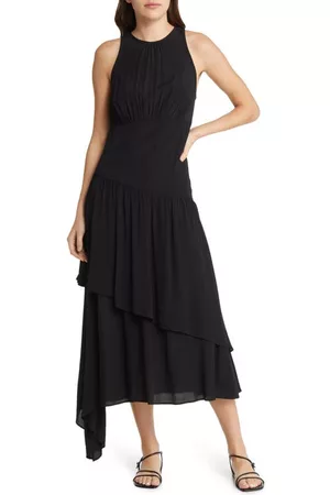 Chelsea Sleeveless Tiered Asymmetric Midi Dress in Black at Nordstrom