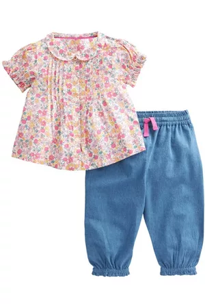 Boden Floral Cotton Blouse & Denim Pants Set in Berry Pink Butterfly at Nordstrom