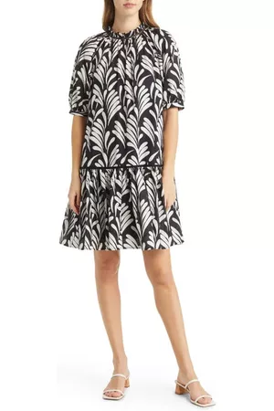 Caslon Caslon(r) Puff Sleeve Cotton Shift Dress in Black Print at Nordstrom