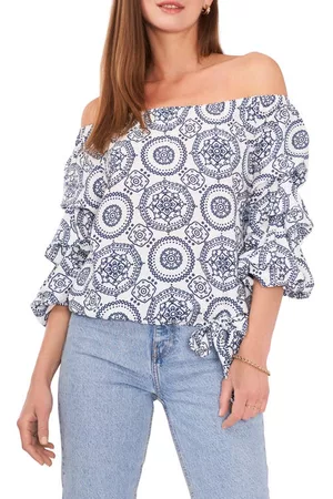 Vince Camuto Print Off the Shoulder Blouse in White Denim at Nordstrom