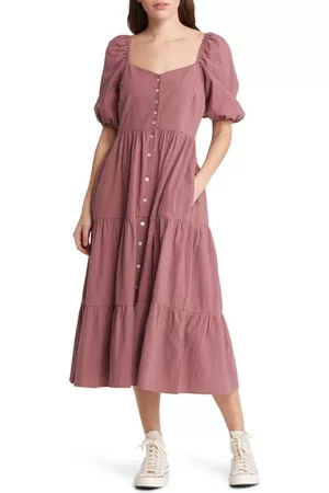 Treasure & Bond Puff Sleeve Dress - Puff Sleeve Tiered Button Front Dress in Brown Rose at Nordstrom