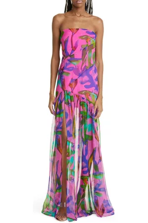 Retrofete Women Printed & Patterned Dresses - Nicole Print Strapless Silk Dress in Tropical Leaf at Nordstrom