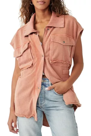 Free People Women Tank Tops - Coza Distressed Cotton Zip-Up Utility Vest in Cinnaber at Nordstrom