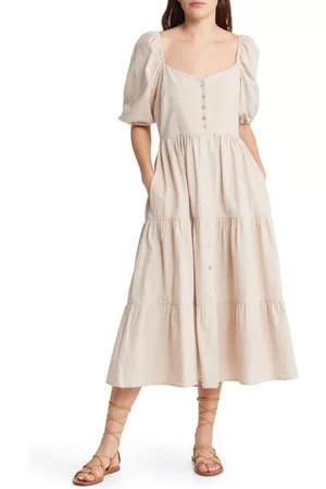 Treasure & Bond Puff Sleeve Tiered Button Front Dress in Tan at Nordstrom