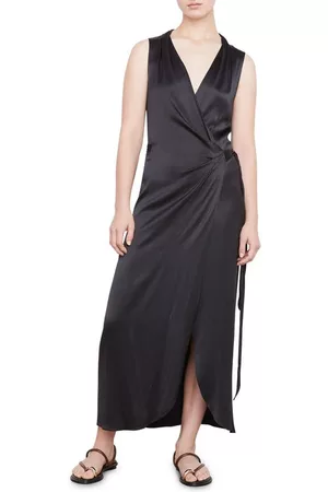 Vince Women Sleeveless Dresses - Sleeveless Satin Wrap Dress in Black at Nordstrom