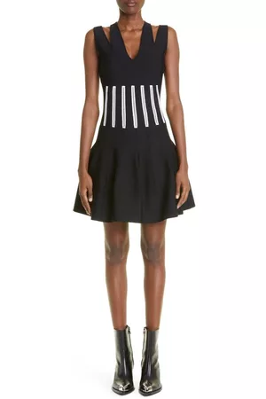 Alexander McQueen Women Corsets - Embroidered Corset Fit & Flare Minidress in Black/White at Nordstrom