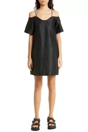 Ganni Cold Shoulder Taffeta Trapeze Dress in Black at Nordstrom