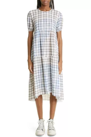 R13 Shredded Relaxed Plaid Tiered Midi Dress in Bleached Light Blue Plaid at Nordstrom