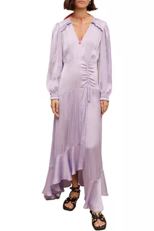 Maje Rouvina Ruffle Ruched Long Sleeve Satin Dress in Parma Violet at Nordstrom