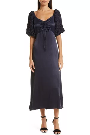 by Ti Mo Ruched Sleeve Satin Crepe Gown in Navy at Nordstrom
