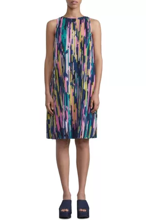 Lafayette 148 New York Papier Print Strip Pleated Chiffon Shift Dress in Parisian Blue Multi at Nordstrom