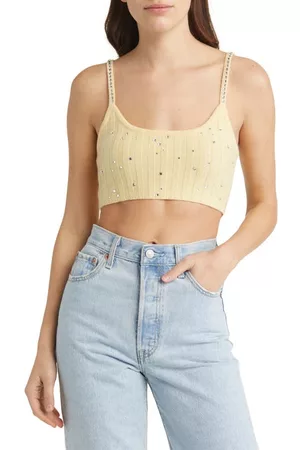 LOVESHACKFANCY Celmira Embellished Wool & Cashmere Rib Crop Sweater Camisole in Buttercup at Nordstrom