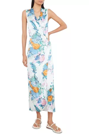 Vince Women Sleeveless Dresses - Painted Bouquet Sleeveless Satin Wrap Dress in Pale Dew at Nordstrom