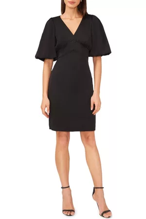 Halogen Halogen(r) Puff Sleeve Satin Dress in Rich Black Solid at Nordstrom