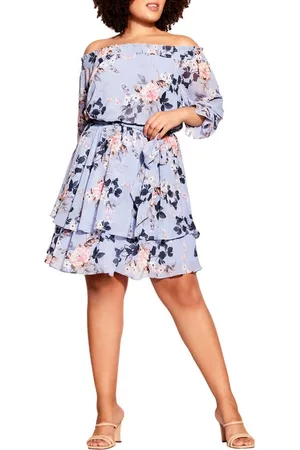 City Chic Women Strapless Dresses - Odette Floral Off the Shoulder Midi Dress in Ice Bluebell at Nordstrom