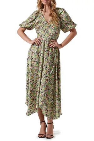 ASTR Women Puff Sleeve Dress - Floral Puff Sleeve Wrap Dress in Pink Green Multi at Nordstrom