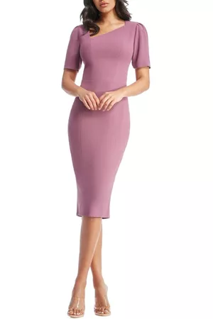 Dress The Population Women Asymmetrical Dresses - Ruth Asymmetrical Neck Midi Dress in Purple Orchid at Nordstrom