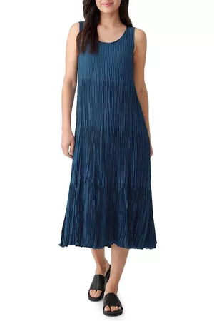 Eileen Fisher Women Midi Dresses - Tiered Pleated Silk Midi Dress in Atlantis at Nordstrom