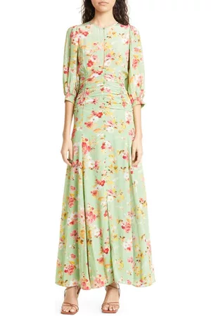 by Ti Mo Women Evening Dresses - Floral Print Ruched Gown in Green Bouquet at Nordstrom