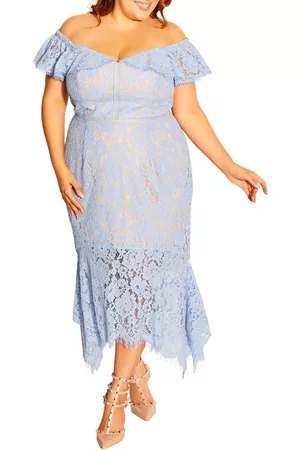 City Chic Women Strapless Dresses - Angel Off the Shoulder Lace Dress in Powder Blue at Nordstrom
