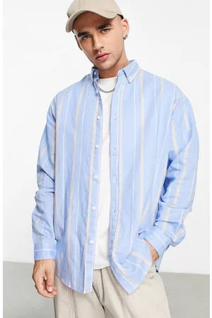 ASOS Men Casual Shirts - Oversize Stripe Linen & Cotton Button-Down Shirt in Mid Blue at Nordstrom