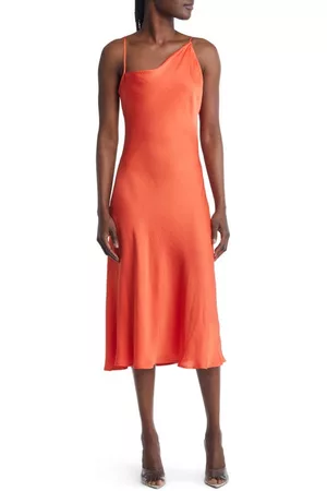 Open Edit Women Asymmetrical Dresses - Asymmetrical Neck Satin Dress in Red Mandarin at Nordstrom