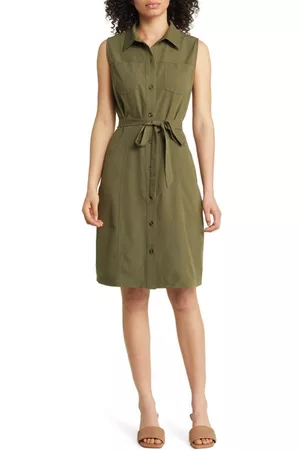 Caslon Women Sleeveless Dresses - Caslon(r) Sleeveless Tie Waist Dress in Olive at Nordstrom