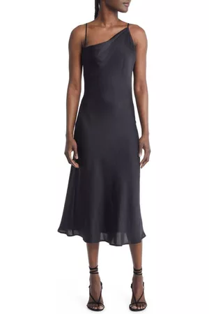 Open Edit Women Asymmetrical Dresses - Asymmetrical Neck Satin Dress in Black at Nordstrom