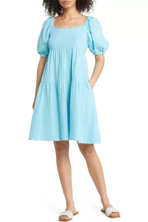 Caslon Women Puff Sleeve Dress - Caslon(r) Puff Sleeve Cotton Dress in Blue Cabana at Nordstrom
