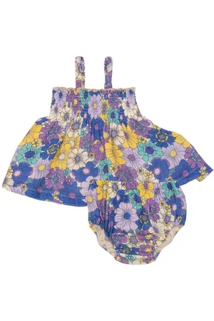 Angel Dear Printed Dresses - Retro Cosmo Floral Organic Cotton Muslin Dress & Bloomers Set in Multi Purple at Nordstrom