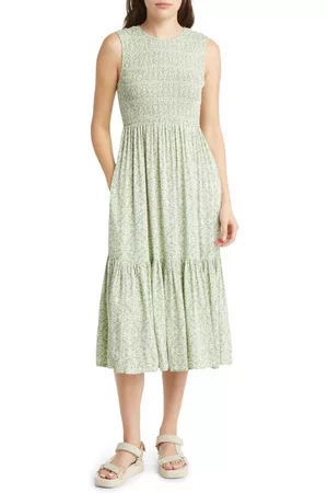 Treasure & Bond Women Midi Dresses - Smocked Sleeveless Midi Dress in Green Loden Vintage Lace at Nordstrom