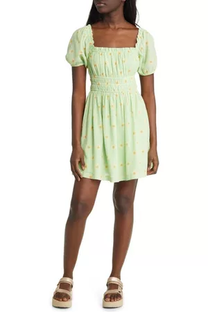 BP. Women Puff Sleeve Dress - Shirred Puff Sleeve Prairie Dress in Green- Yellow Daisy Dots at Nordstrom